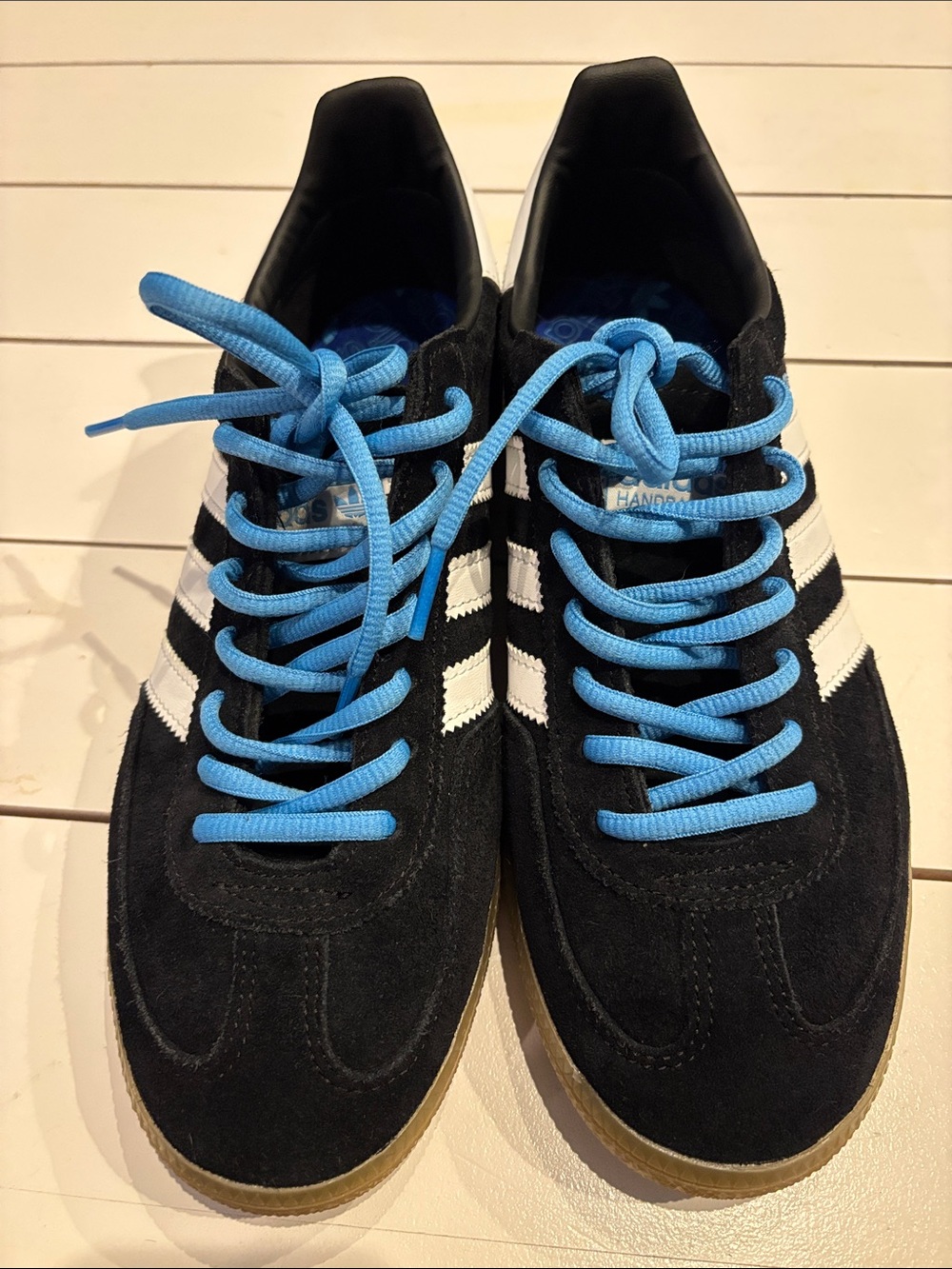 adidas Spezial Suede Sneakers in Black with White Stripes and Blue Laces